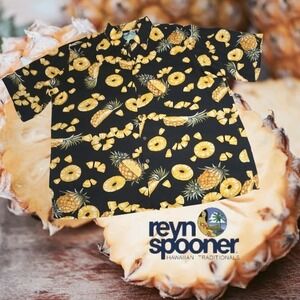 REYN SPOONER Men's Golden Juicy Pineapple Hawaiian‎ Aloha Shirt Black L